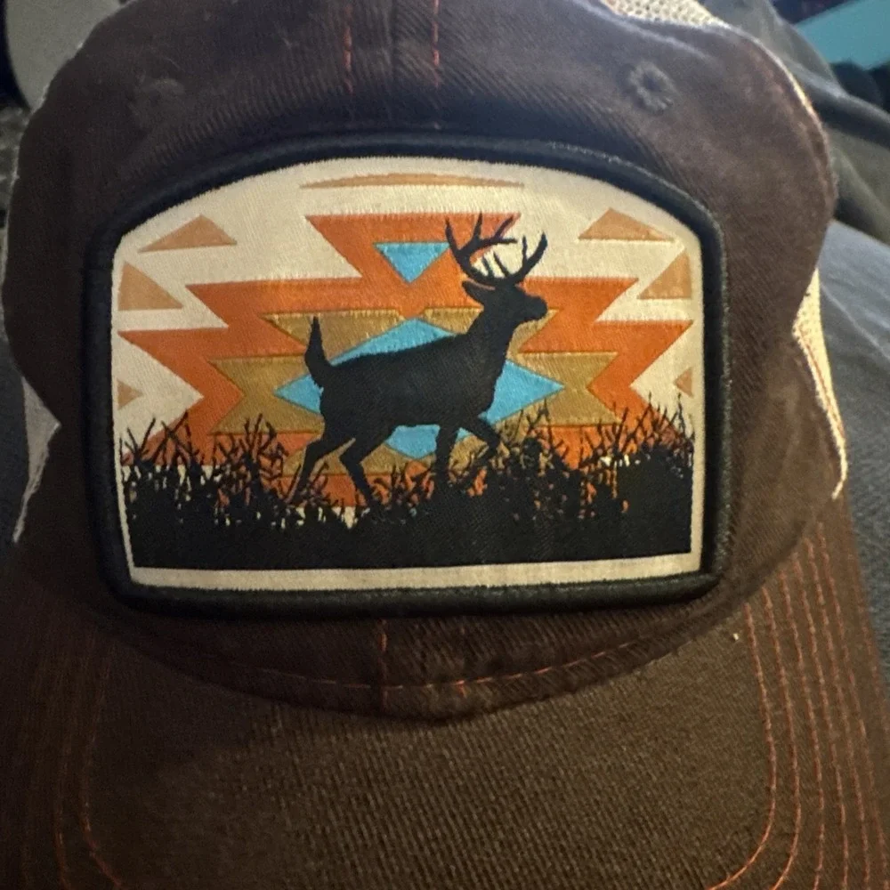 Outdoor Cap Brand Trucker Hat Buck w/ Tribal Background Brown,Cream Color Deer
